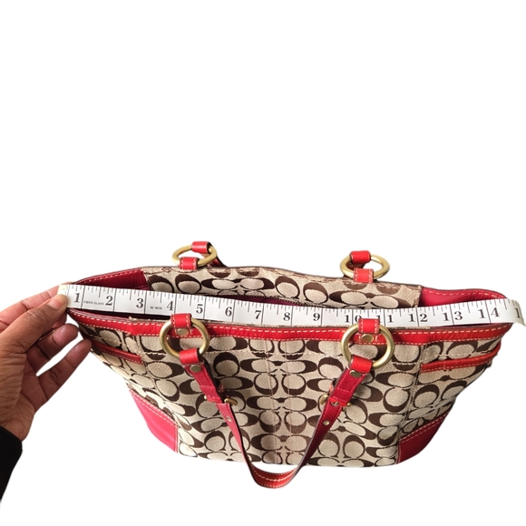 Coach Maroon Leather trim Monogram Shoulder Tote Bag - Picture 14 of 15